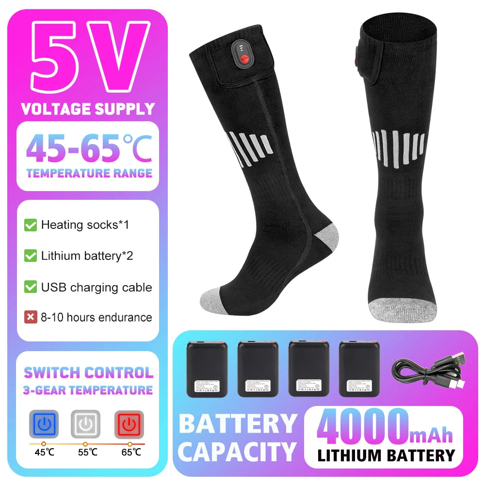 Winter Warm Socks 5000Mah USB Rechargeable Heated Socks Outdoor Heated Boots Snowmobile Ski Socks 65℃ Heated Socks