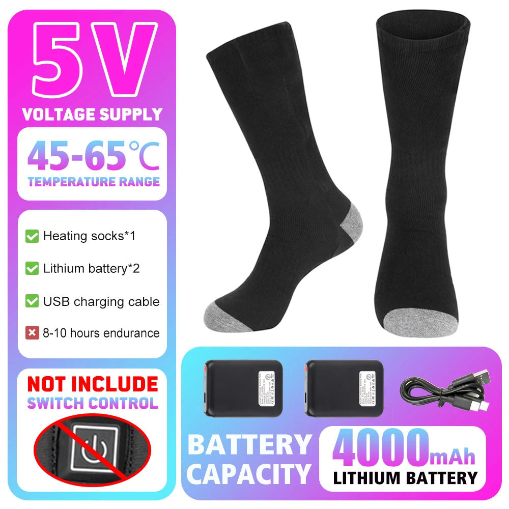 Winter Warm Socks 5000Mah USB Rechargeable Heated Socks Outdoor Heated Boots Snowmobile Ski Socks 65℃ Heated Socks