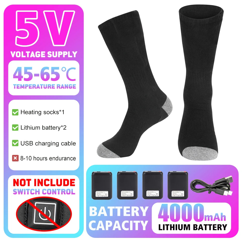 Winter Warm Socks 5000Mah USB Rechargeable Heated Socks Outdoor Heated Boots Snowmobile Ski Socks 65℃ Heated Socks