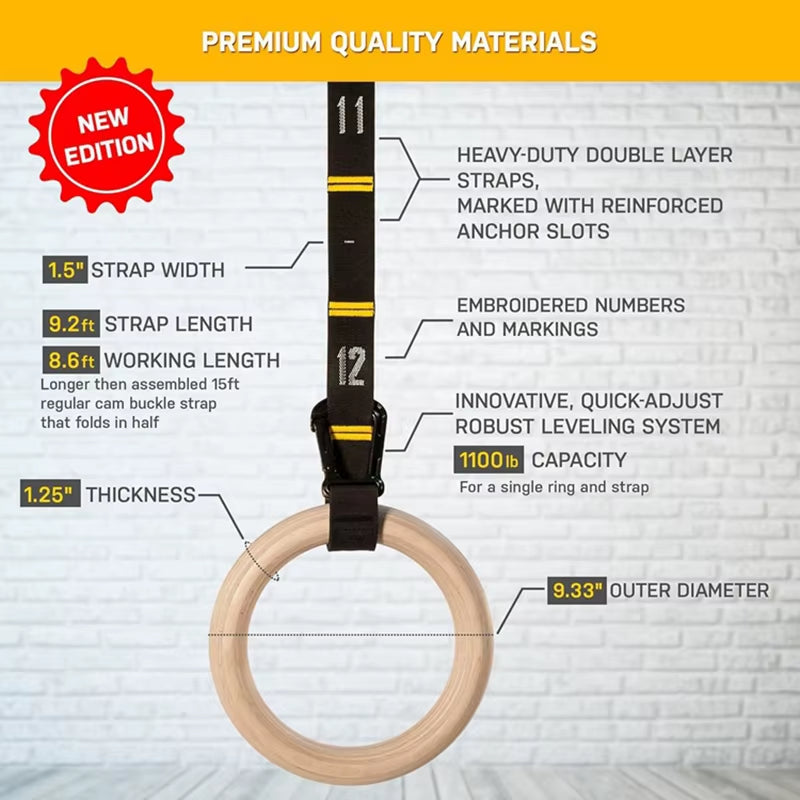 28MM Wood Gymnastic Rings Non-Slip Wooden Ring with Adjustable Straps for Home Fitness Pull up Strength Training