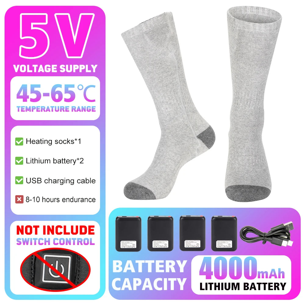 Winter Warm Socks 5000Mah USB Rechargeable Heated Socks Outdoor Heated Boots Snowmobile Ski Socks 65℃ Heated Socks