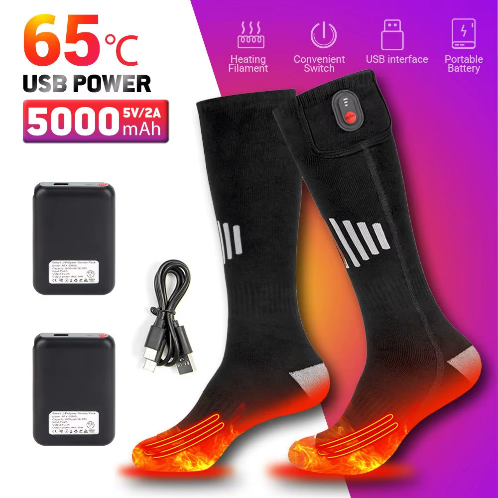 Winter Warm Socks 5000Mah USB Rechargeable Heated Socks Outdoor Heated Boots Snowmobile Ski Socks 65℃ Heated Socks