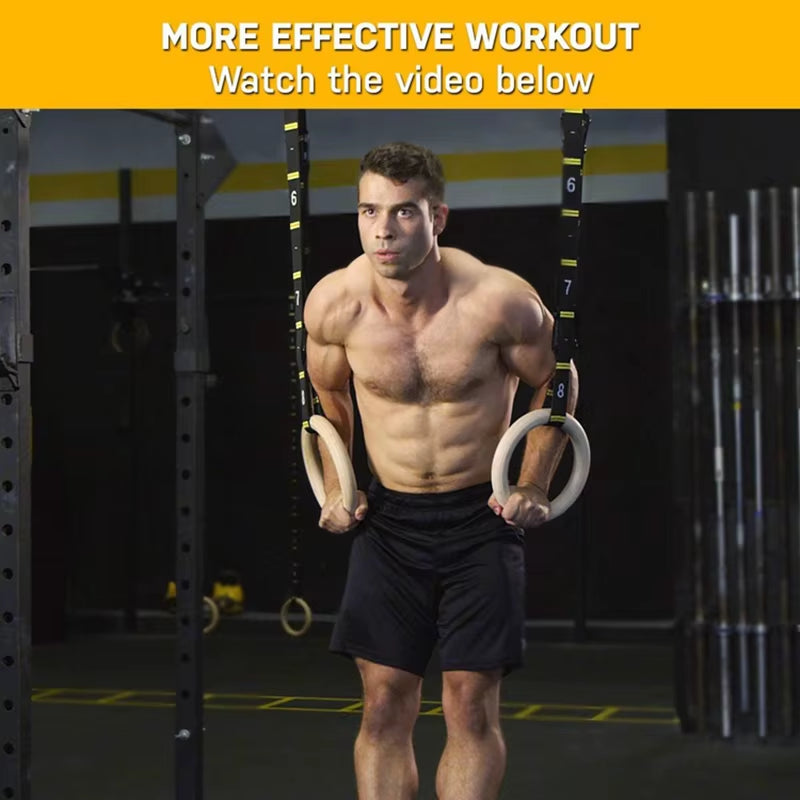 28MM Wood Gymnastic Rings Non-Slip Wooden Ring with Adjustable Straps for Home Fitness Pull up Strength Training