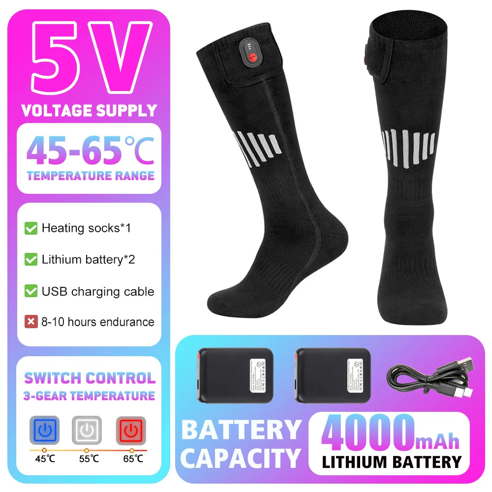 Winter Warm Socks 5000Mah USB Rechargeable Heated Socks Outdoor Heated Boots Snowmobile Ski Socks 65℃ Heated Socks