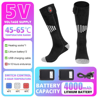 Winter Warm Socks 5000Mah USB Rechargeable Heated Socks Outdoor Heated Boots Snowmobile Ski Socks 65℃ Heated Socks