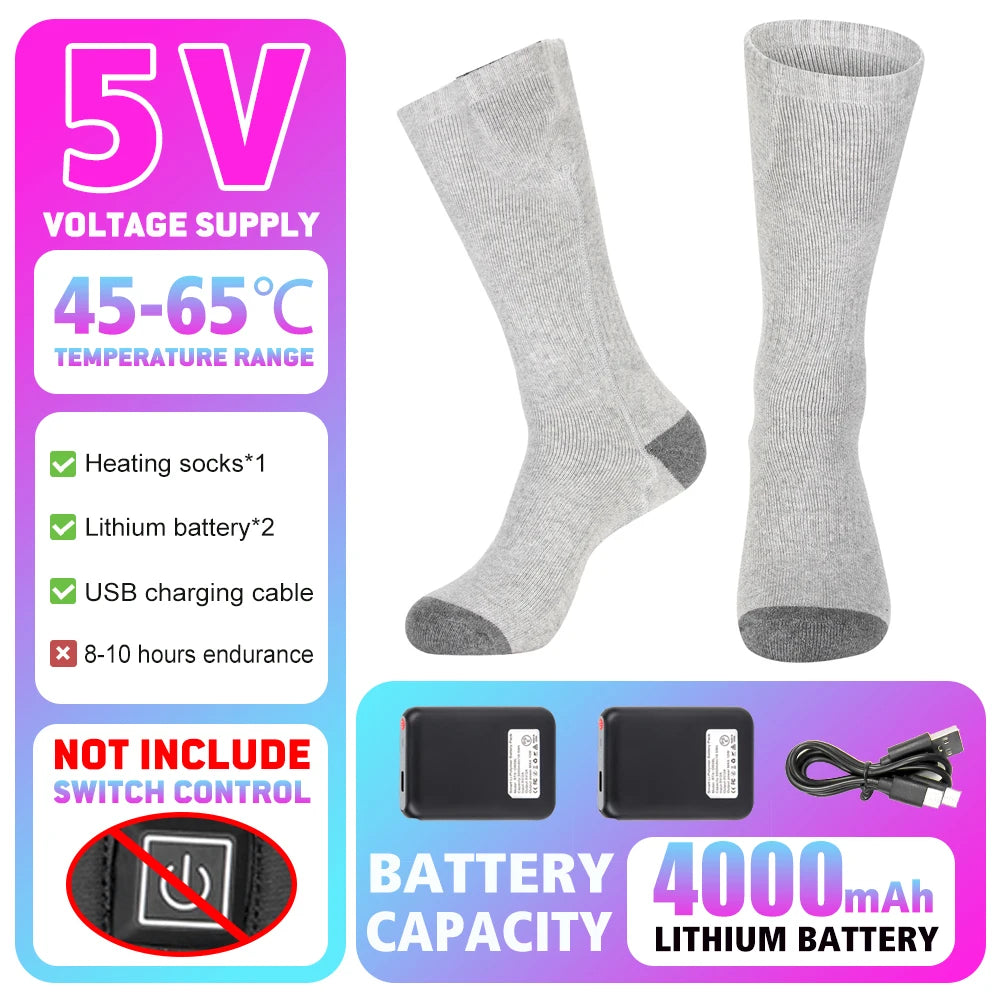 Winter Warm Socks 5000Mah USB Rechargeable Heated Socks Outdoor Heated Boots Snowmobile Ski Socks 65℃ Heated Socks