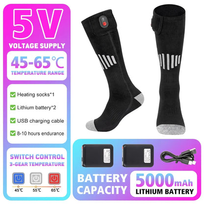 Winter Warm Socks 5000Mah USB Rechargeable Heated Socks Outdoor Heated Boots Snowmobile Ski Socks 65℃ Heated Socks