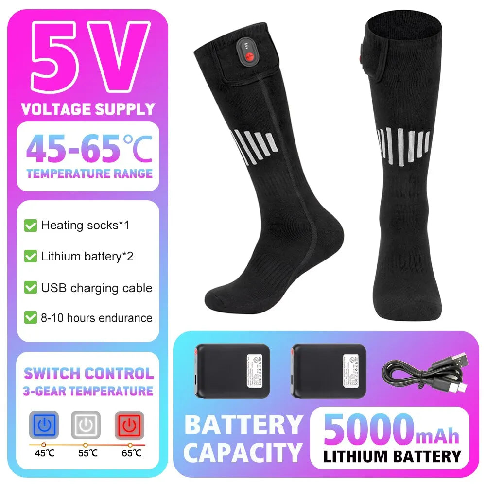 Winter Warm Socks 5000Mah USB Rechargeable Heated Socks Outdoor Heated Boots Snowmobile Ski Socks 65℃ Heated Socks